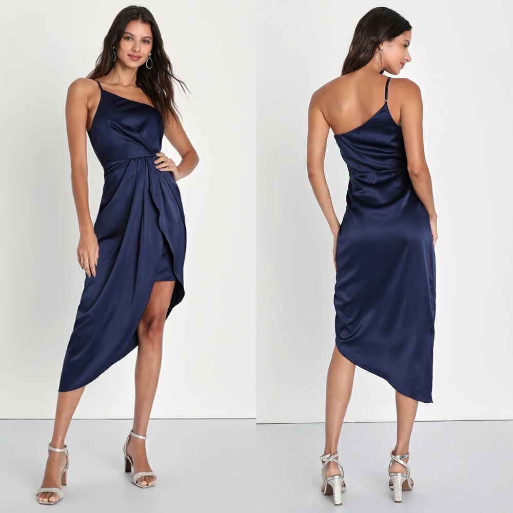 Lulus Law of Attraction Dress One-Shoulder Asymmetrical Midi Navy Blue Medium